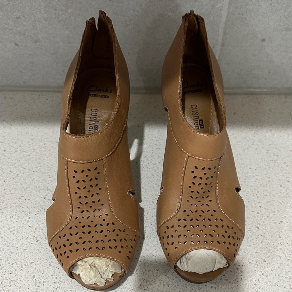 Clarks Women's Brown Peep-Toe Heeled Boots